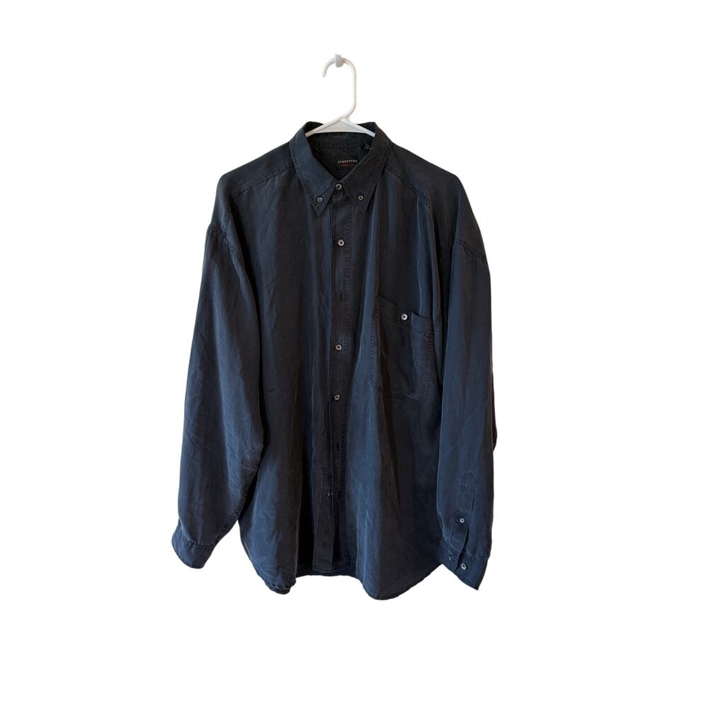Structure Long Sleeve 100% Silk Casual Button Up Shirt Black Men's Size Large